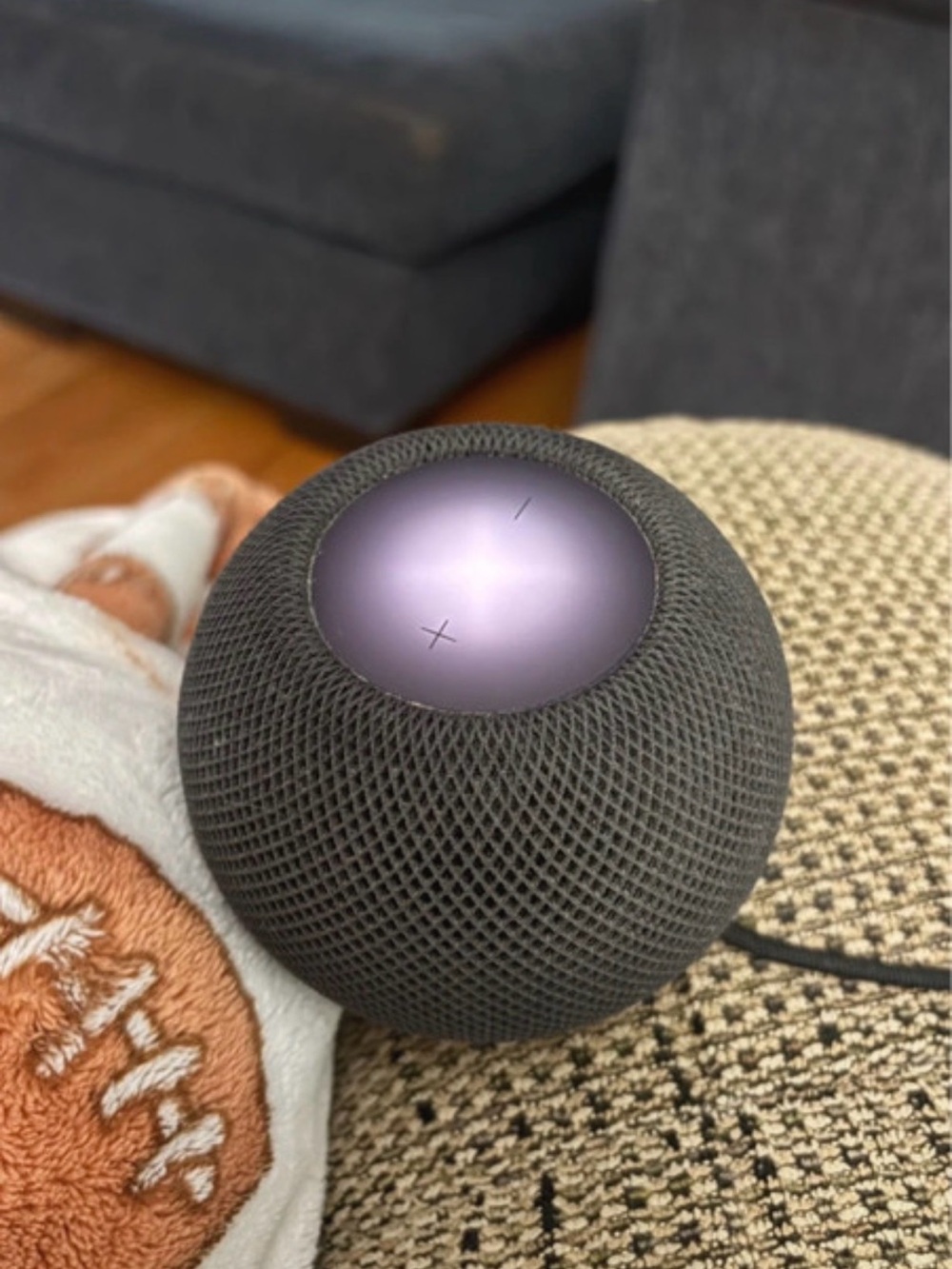 Apple HomePod mini in Space Gray with Purple Touch Surface